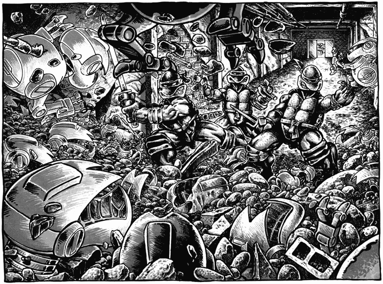 Black and white panel of the Teenage Mutant Ninja Turtles fighting off robots in the sewers.