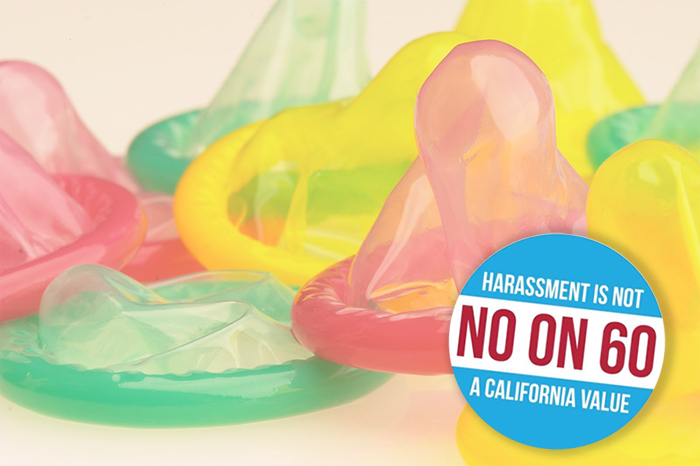 No on Prop 60 Against Background of Condoms
