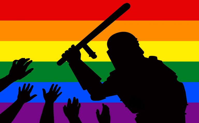 Silhouette of cop bashing upraised hands against Pride Flag Background