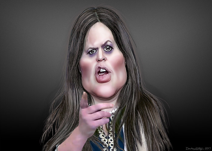 Caricature of Sarah Huckabee Sanders scowling and pointing at the viewer.