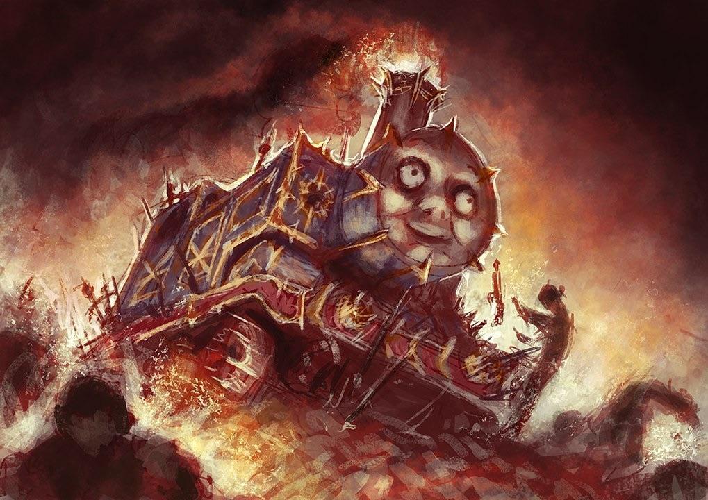 A hellish vision of Thomas the Tank Engine, done in the style of Warhammer 40K.