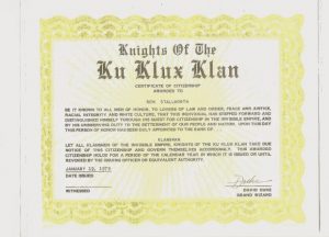 a copy of Ron Stallworth's 'certificate of citizenship' into the Knights of the Ku Klux Klan.