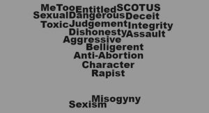 Word cloud containing terms that I feel apply to Brett Kavanaugh