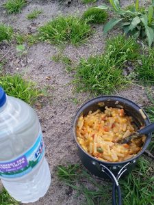 Image is of a small pot containing macaroni and cheese and vegetables, with a spoon stuck in it. There is a bottle of water sitting next to it. The background is dirt and grass.