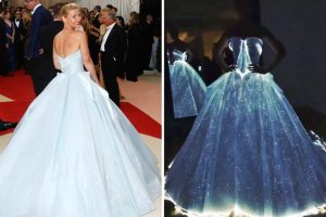 Two photos next to each other: A white woman, Claire Danes, one with her wearing a white gown with a long train. The other picture is the same dress with the fabric glowing in the dark.