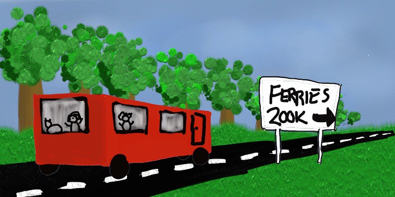 Drawing of a big red bus driving down a road. It's passing a sign saying "Ferries 200k"