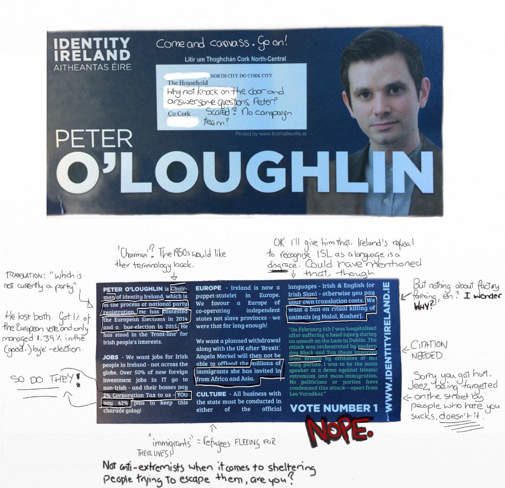 Picture of a candidate flyer supporting Peter O'Loughlin. It's annotated. By me. Suffice to say that I don't agree with his blatantly racist views.