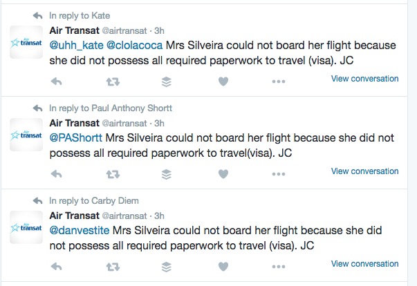 Picture of several tweets from Air Transat, all containing the text "Mrs Silveira could not board her flight because she did not possess all required paperwork to travel(visa). JC"
