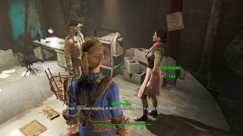 [Image: Nick Valentine's Detective Agency. From left to right, Nick Valentine, a synth private eye in trench coat and hat; Dorian Mooneyham, our Mary Sue in Blue vault suit, white with a dirty blond ponytail; and Ellie Perkins, brunette assistant with a wasteland-but-cute skirt and top with converse sneakers. Caption is Ellie Perkins to Nick Valentine: Hmph, you keep laughing at death, some day, death's going to laugh back.]