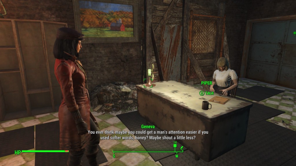 [Image: From Left to Right: Piper, a white brunetter reporter in a red coat and reporters cap, talks to Geneva, a white blond secretary in a clean white blouse. They are at a desk in a clean-for-the-wasteland reception area. Caption is Geneva: You ever think you could get a man's attention easier if you used softer words, honey? Maybe shout a little less?]