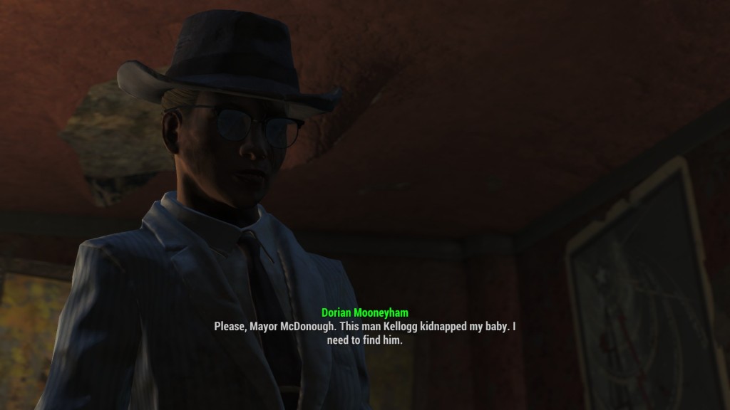 [Image: Dorian Mooneyham, a white woman with three scars across her left eye, glasses, and a dirty face. She's wearing a dirty pinstripe suit and tie with a wide-brim hat while looking down toward Mayor McDonough. Caption is Dorian Mooneyham: Please, Mayor McDonough. This man Kellogg kidnapped my baby. I need to find him.]