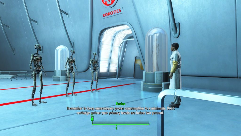 A scientist named Enrico is addressing three "Gen 1" synths, warning them to keep power consumption to a minimum. The three synths and scientist stand in a bright white room in front of a door labelled "Robotics".