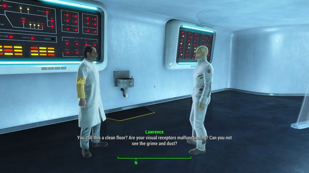 A balding man in a lab coat berates a "Gen 2" synth in front of a water fountain. The hallway is all white, clean, and illuminated, but the man continues to yell at the synth for dust on the floor.